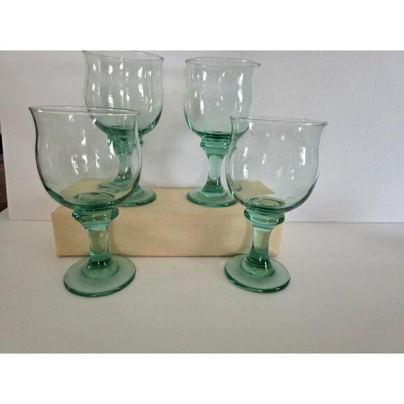 Set Of 4 Vintage Green Libby Clarion Glass Goblets - Picture 1 of 9